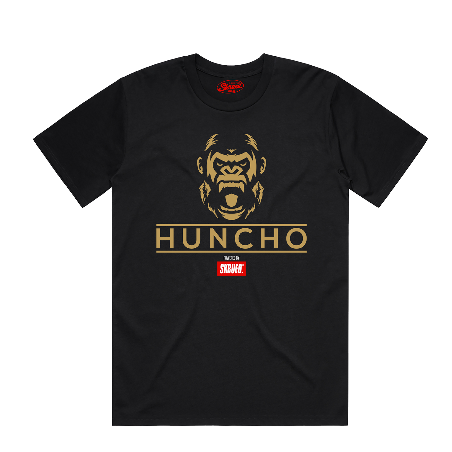 Black t-shirt with gold gorilla graphic and 'Huncho' text on a white background
