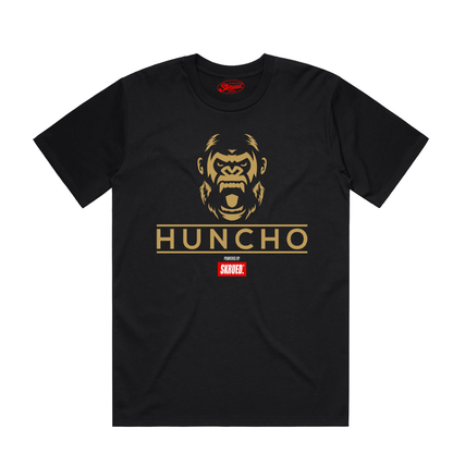 Black t-shirt with gold gorilla graphic and 'Huncho' text on a white background