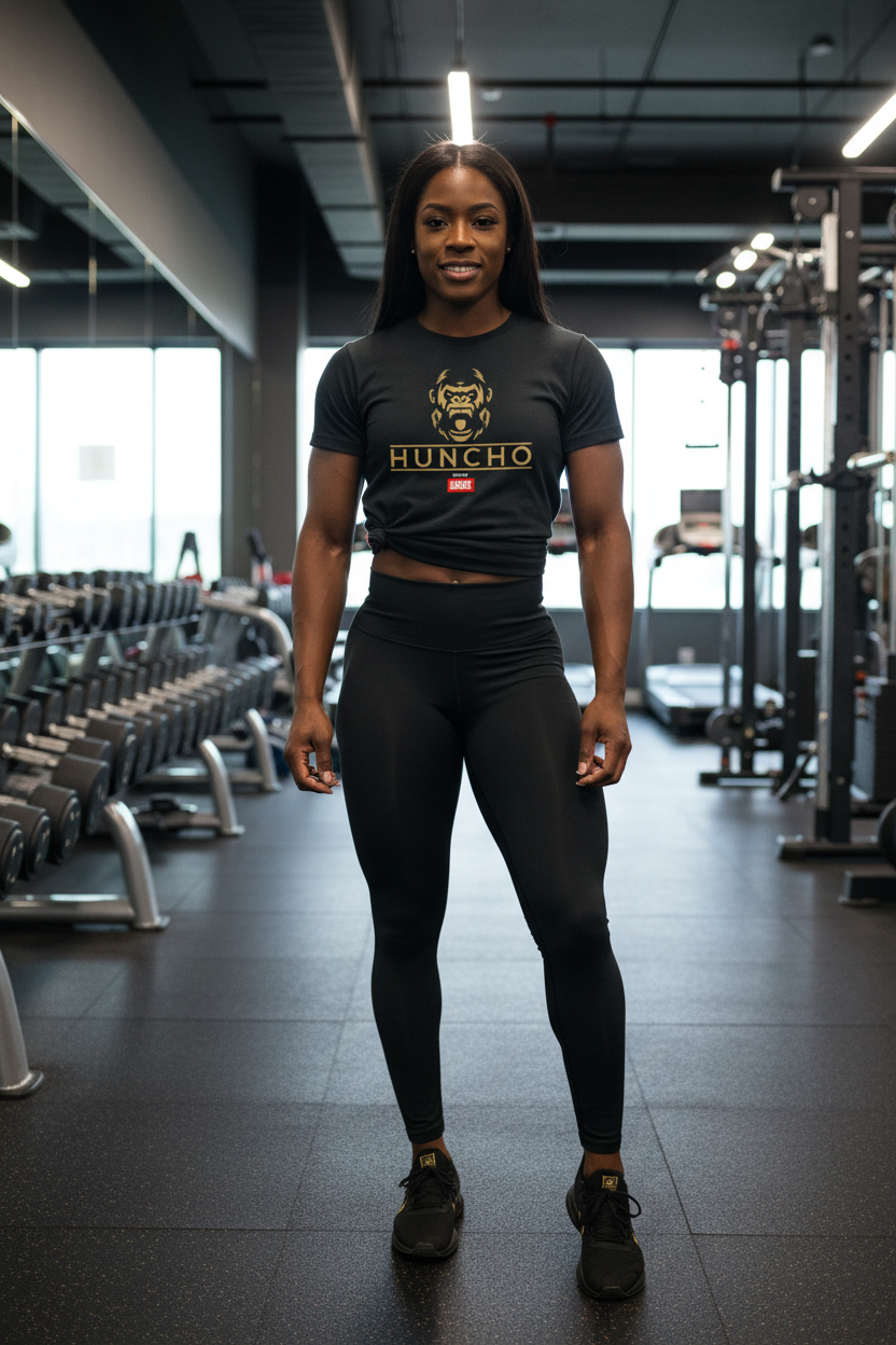 Woman in a gym wearing a black t-shirt with 'Huncho' branding.