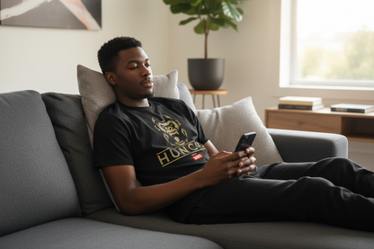 Person sitting on a couch using a smartphone in a living room.