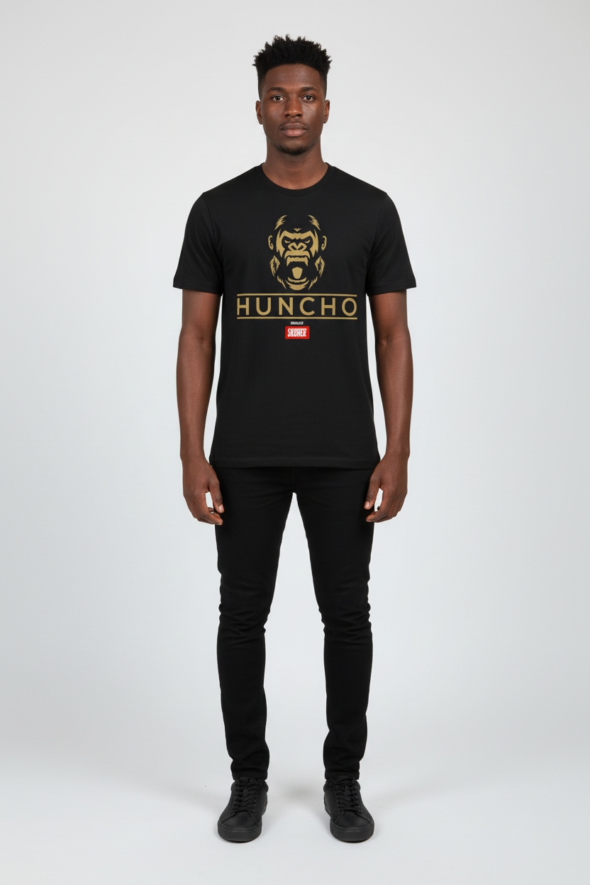 Person wearing a black t-shirt with a graphic design and text on a white background