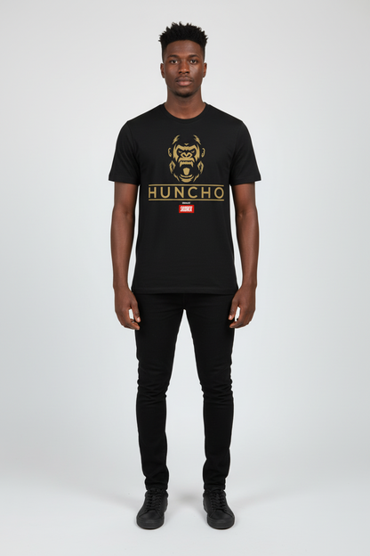 Person wearing a black t-shirt with a graphic design and text on a white background