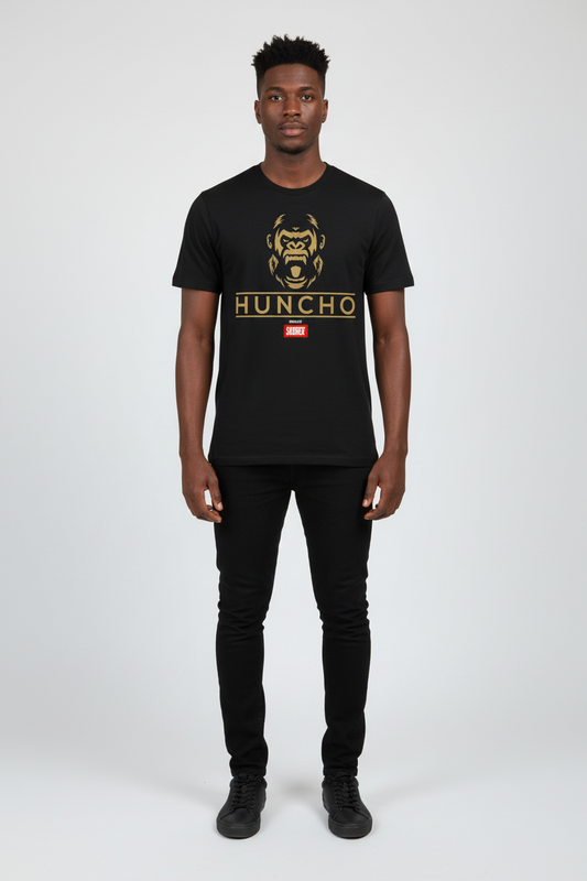 Person wearing a black t-shirt with a graphic design and text on a white background