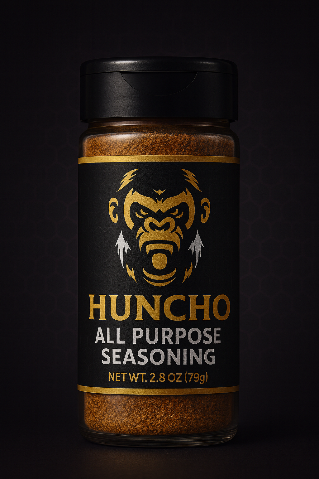 Huncho All Purpose Seasoning jar with black label and gorilla logo on a dark background