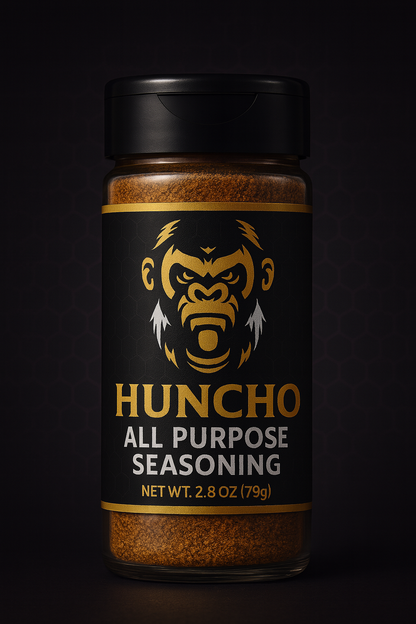 Huncho All Purpose Seasoning jar with black label and gorilla logo on a dark background