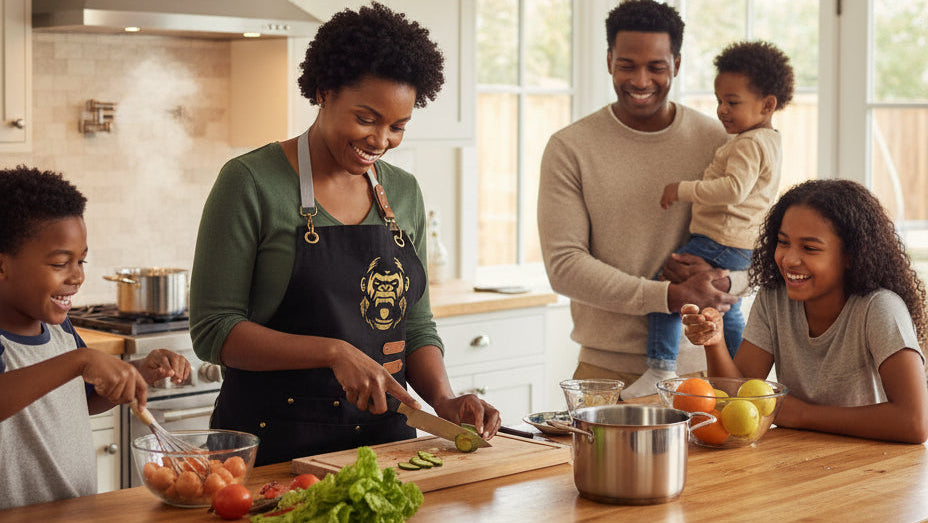 Family of five in a modern kitchen preparing food together.